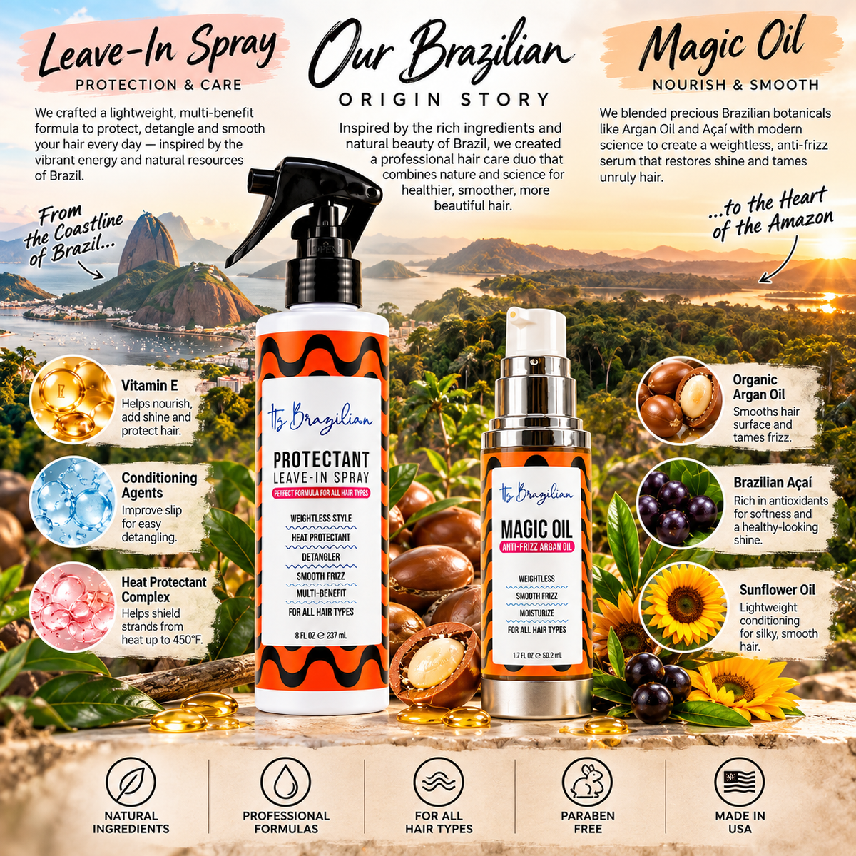 It's Brazilian Smooth Duo — Vitamin-E Leave-In Spray + Argan & Açaí Oil Serum (2-Step Frizz & Shine Ritual)