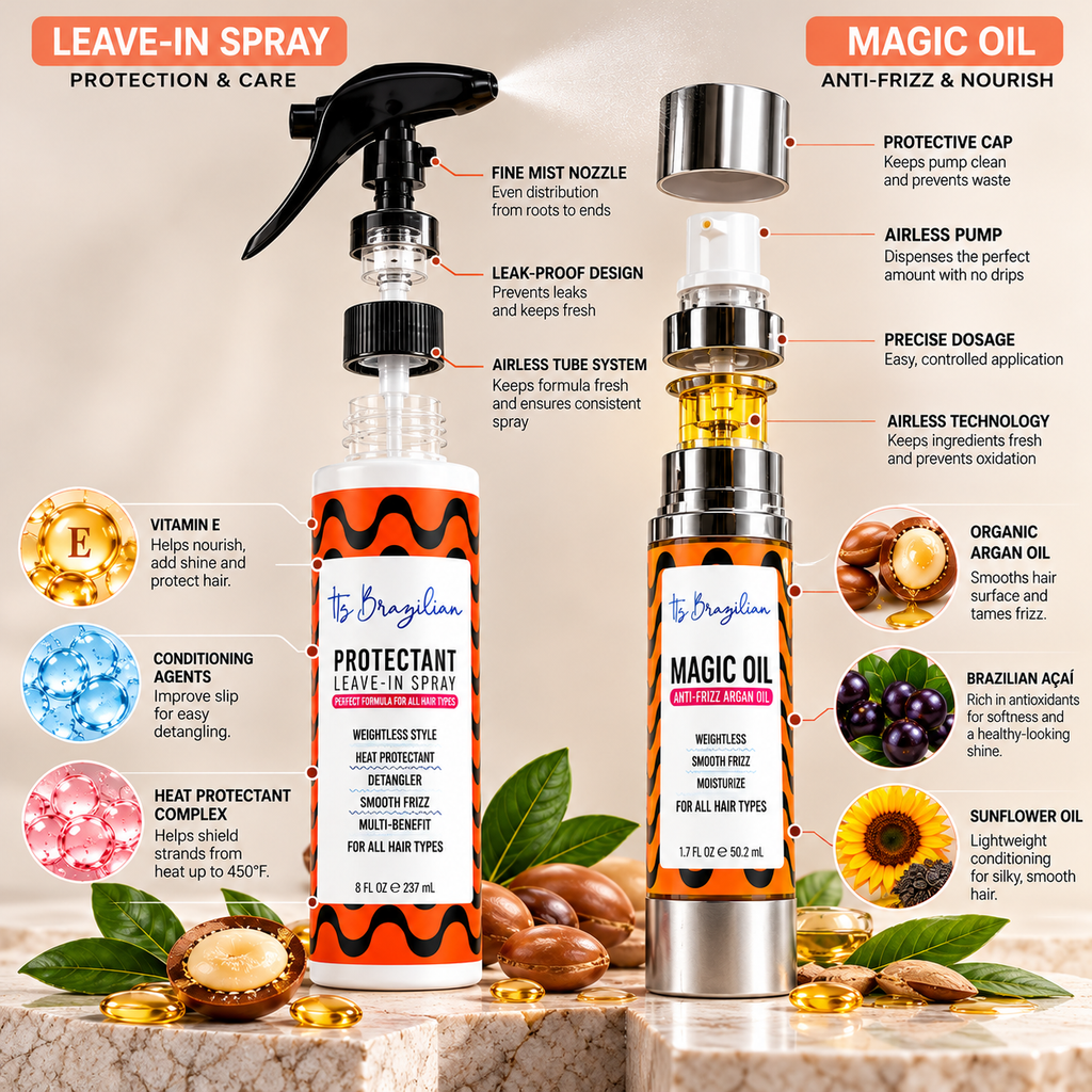 It's Brazilian Smooth Duo — Vitamin-E Leave-In Spray + Argan & Açaí Oil Serum (2-Step Frizz & Shine Ritual)
