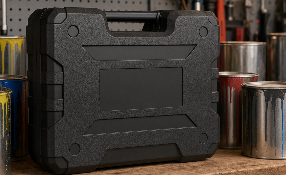 The closed hard carry case stored on an ordinary garage shelf