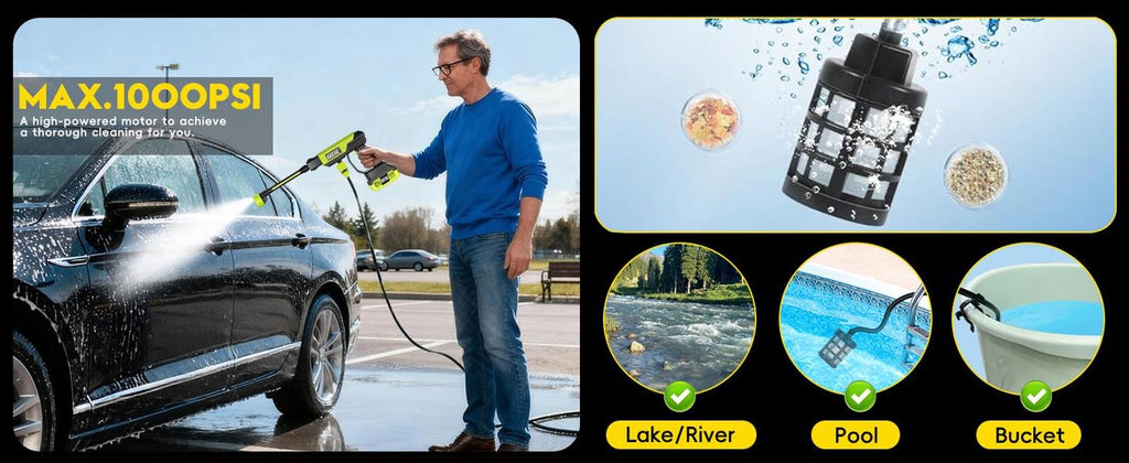 The filtered inlet line drawing water from a bucket, a pool and a lake